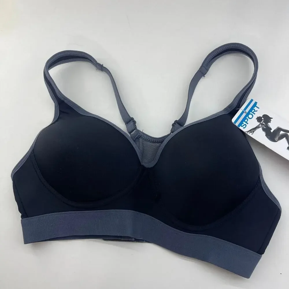 SIZE 32B Youmita Athletic Sports Bra PADDED Wireless Keyhole Racerback BLACK-GRY